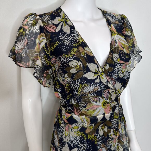 Tanya Taylor Blaire Printed Linen-Silk Midi Faux-Wrap Dress Maritime Blue Multi - Picture 7 of 16